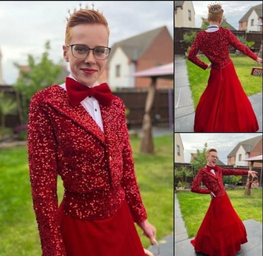 16-year-old turns heads at his prom with fiery red skirt and a sequin-speckled tuxedo top, but not everyone thinks he’s the best dressed…